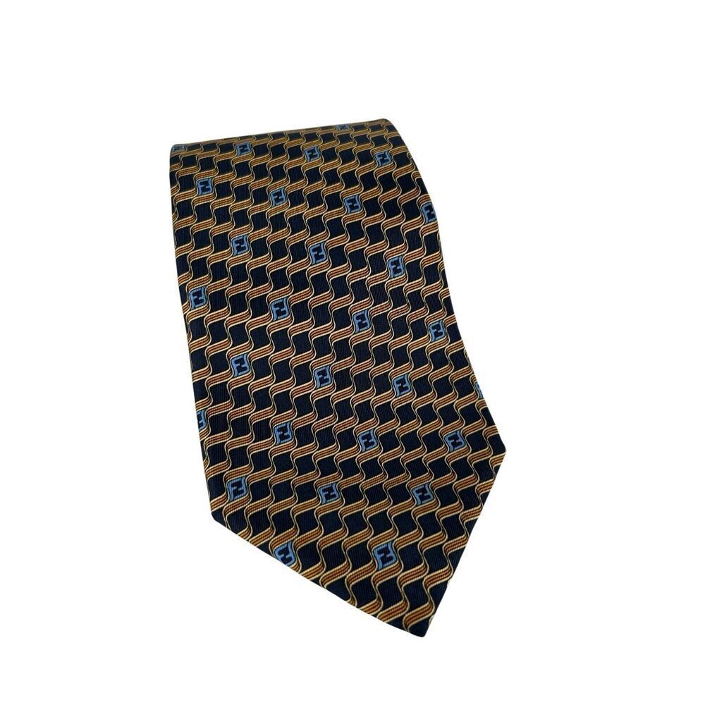 Fendi Cravatte 100% Silk Neck Tie Blue/Gold Design Made In Italy